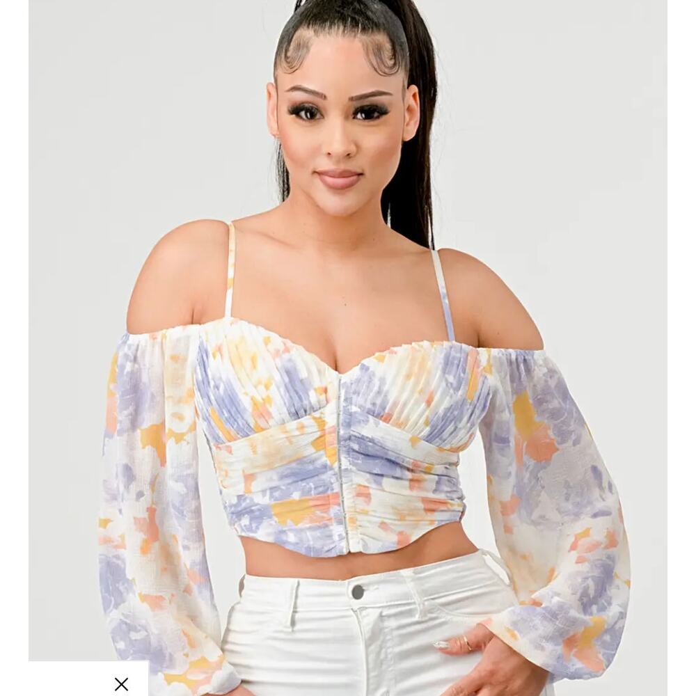 PRIVVY | Watercolor Print Off Shoulder Ruched Corset Top | Small Boho, going out